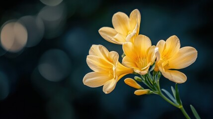 Obraz premium A selective focus shot of a beautiful yellow freesia flower with blurred dark background