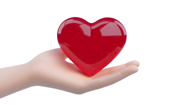 A heart on hand on transparent background for Happy Mother's or Valentine's Day greeting card design. 3D Illustration.