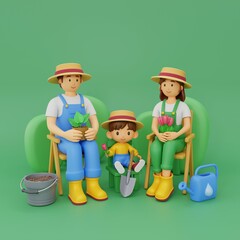 Family gardening on the plot. Dad, mom and child take care of the garden. Outdoor work. Growing plants and flowers. 3D rendering.
