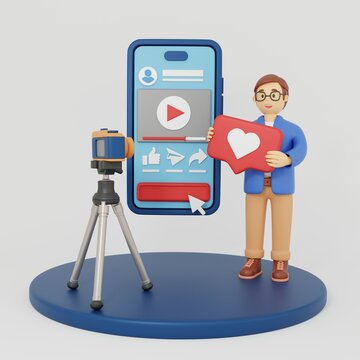 Video blogger, streaming content creator. Man records blog, reviews content for online magazine or website, records program, publishes video. 3D rendering.