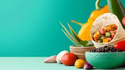 A vibrant arrangement of fresh vegetables, colorful ingredients, and a tortilla wrap filled with a variety of toppings against a teal backdrop.