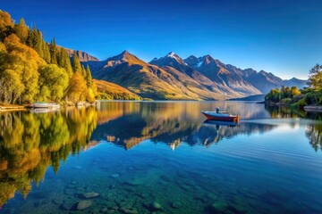 Obraz premium Queenstown's Lake Wakatipu: tranquil shores, breathtaking New Zealand scenery captured in calm photography.