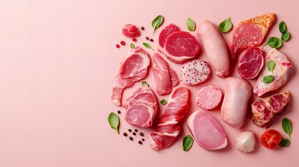 Fototapeta premium Assortment of fresh raw meat cuts on a pink background. Various types of pork, beef, and poultry displayed with herbs.
