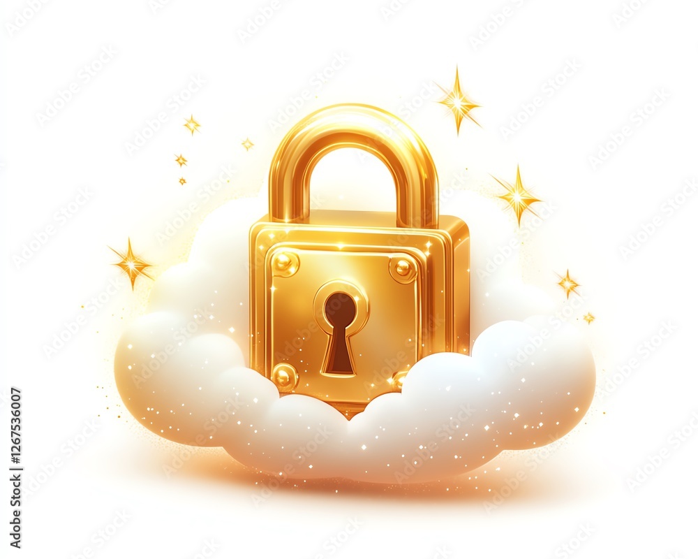 Poster golden lock on a white cloud, representing secure data storage, glowing encryption, digital protecti