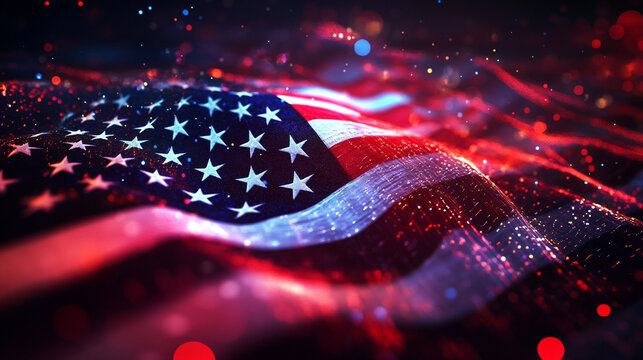 American flag waves with vibrant colors illuminating the night in a celebration of patriotism and unity