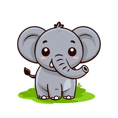 A charming baby elephant with big, expressive eyes and a sweet smile, standing on a grassy patch. Perfect for children's books, nursery decor, greeting cards, and kids' apparel