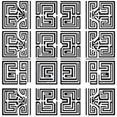 A grid of twelve square vector graphics featuring bold, angular black lines that form abstract, 