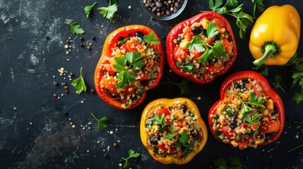 Fototapeta premium Stuffed bell peppers with quinoa and black beans on a dark textured table, flat lay