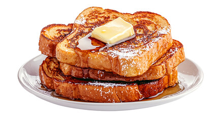 Homemade french toast stack with golden brown slices of crispy, fluffy bread, drizzled with maple syrup and butter, isolated on a transparent background for breakfast, brunch, and bakery lovers.