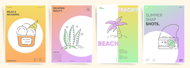 Summer minimal gradient poster set. Pastel fluid backgrounds with geometric abstract design for creative branding and advertising.