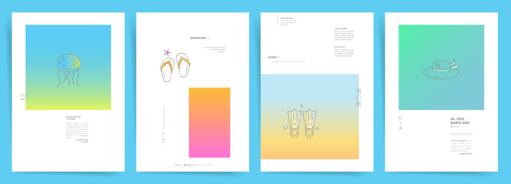 Contemporary summer poster backgrounds. Abstract pastel gradient designs with oceanic line art for modern decor and branding.