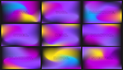 Fototapeta premium Futuristic neon gradient backgrounds set. Abstract darkwave cyber mesh gradient patterns with glowing color transitions for modern digital art and branding.