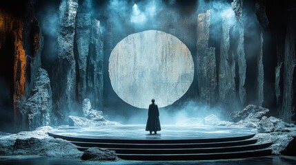 Solitary Figure Before a Monolithic Circle in a Mystical Rock Formation