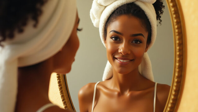 Mujer latina con piel de caramelo y cabello rizado envolviendo una toalla alrededor de su cabeza, mir&aacute;ndose en el espejo
