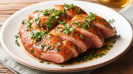 Pan-seared duck breast with crispy skin, gourmet protein source on an elegant plate