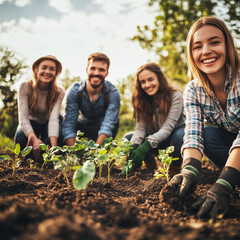 friends/volunteers planting seedlings in the garden
