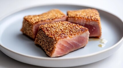 Fototapeta premium Pan-seared tuna steak with sesame crust, gourmet seafood protein dish