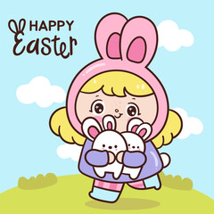 bunny girl hug rabbit easter cartoon kawaii card on garden happy character