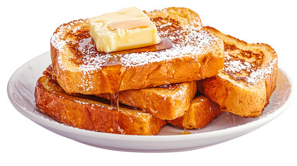 Homemade french toast stack with golden brown slices of crispy, fluffy bread, drizzled with maple syrup and butter, isolated on a transparent background for breakfast, brunch, and bakery lovers.