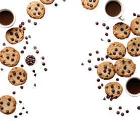 Chocolate chip cookie cookies food biscuits and coffee scattered composition flat lay overhead top view on transparent template cutout, PNG file. Mockup frame for artwork. Wallpaper banner border