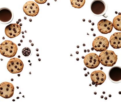 Chocolate chip cookie cookies food biscuits and coffee scattered composition flat lay overhead top view on transparent template cutout, PNG file. Mockup frame for artwork. Wallpaper banner border