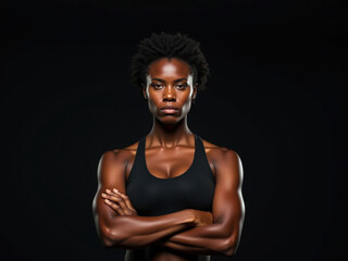 Obraz premium Una poderosa atleta africana con una camiseta deportiva ajustada, brazos cruzados, rostro serio e iluminación de alto contraste 
