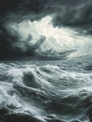 Fototapeta premium Grey clouds gather on the horizon as a storm approaches the sea's surface, water, turbulent
