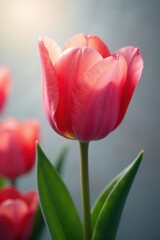 Naklejka premium A delicate pink tulip blossom bathed in sunlight, showcasing its vibrant petals and elegant stem, surrounded by softly blurred companions