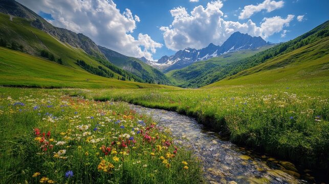 Breathtaking Alpine Meadow with Colorful Wildflowers and Snow-Capped Mountains