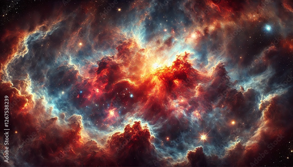 Wall mural a cosmic nebula in deep space, emphasizing vibrant red tones within swirling clouds of orange, red, 
