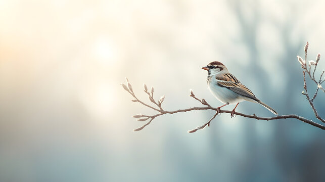 un fondo claro de la naturaleza con una rama de un arbol con un pajaro en la primavera
