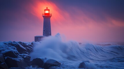 Twilight storm a lighthouse beckons amidst crashing waves