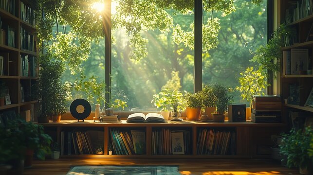 A peaceful home library corner with bookshelves, potted plants, and an open book near a sunlit window overlooking a green forest.