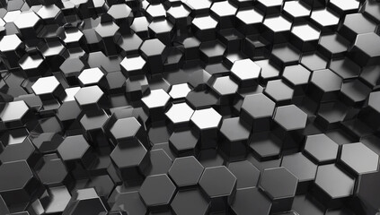 Abstract Hexagon Pattern:  A dynamic and visually striking image featuring a seamless pattern of glossy black hexagons, creating a three-dimensional effect and textured background.