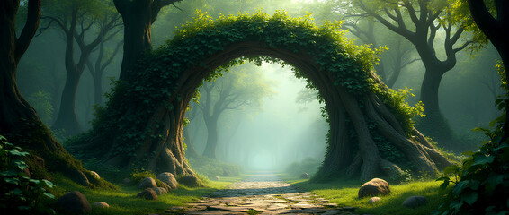 Spectacular archway covered with vine in the middle of fantasy fairy tale forest landscape, misty on spring time. Digital art 3D illustration. Magic world in the forest or jungle AI mystical portal