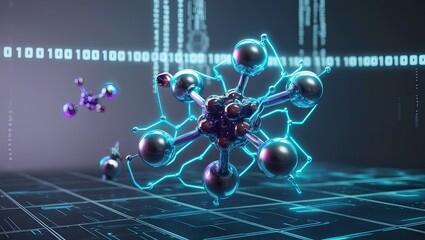 Futuristic Molecular Structure with Binary Code Overlay