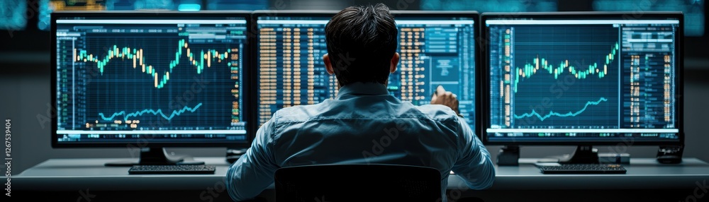 Poster a person analyzes financial data on multiple screens, showcasing charts and graphs indicative of sto