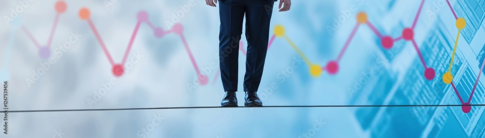Poster a person stands on a line with colorful graphs in the background, symbolizing balance in decision-ma