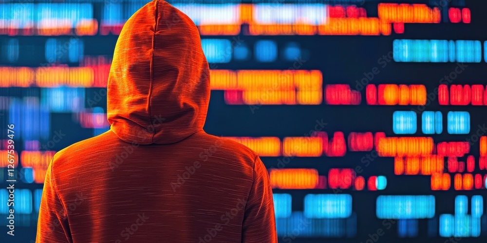 Poster a person in a hoodie stands before a colorful digital display, suggesting themes of technology, data