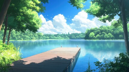 Serene Lakeside Summer Scene With Wooden Dock