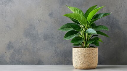 Fototapeta premium A vibrant green plant in a textured beige pot, set against a subtle gray background, bringing a touch of nature indoors.