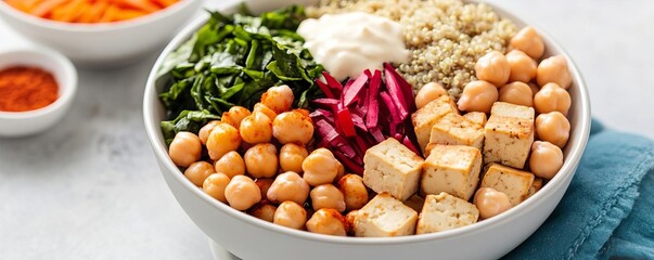 Protein-packed Buddha bowl with tofu, quinoa, and chickpeas, vibrant healthy meal
