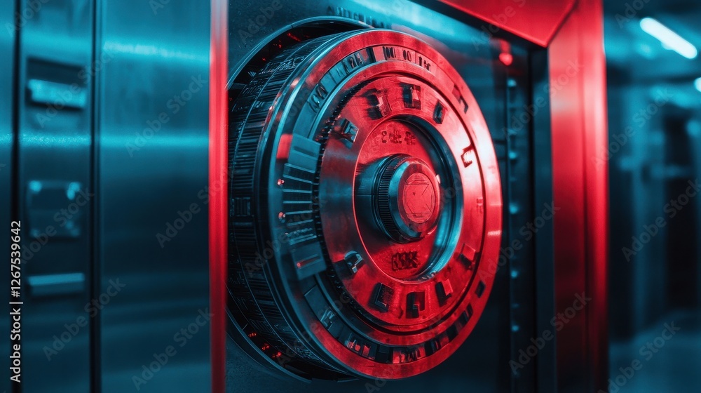 Aufkleber a close-up of a metallic safe with a glowing red and blue hue, emphasizing its secure locking mechan