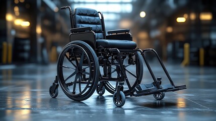 A sleek black wheelchair positioned in a spacious, modern facility with soft lighting and reflective floors