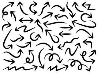 Fototapeta premium Hand drawn arrow vector icons set. Sketch arrow design for business plan and education. Set of brush arrows black icons. Circle arrows, rotate arrow, redo process symbol.