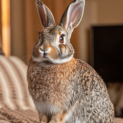 Fototapeta premium Attentive brown hare with upright ears, perched indoors on a textured surface, displaying a curious expression.