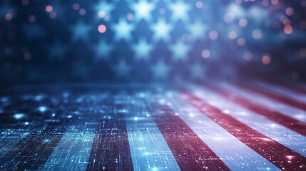 Futuristic holographic American flag waving with glowing particles, vibrant colors, and dynamic light effects. Concept of patriotism, technology, and digital innovation.