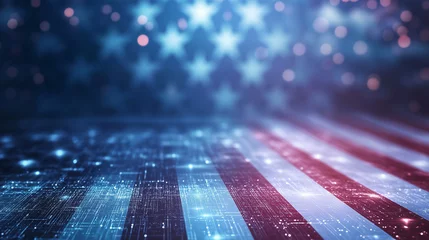 Fototapete Futuristic holographic American flag waving with glowing particles, vibrant colors, and dynamic light effects. Concept of patriotism, technology, and digital innovation. © Tossakan Photos