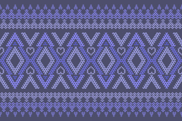 Ikat cross stitch geometric embroidery seamless knitted pattern on damask background. Perfect decorative design for sweater, fabric, decoration, illustration, ornament, texture, textile, interior