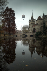 Castle on the lake, balloon flying